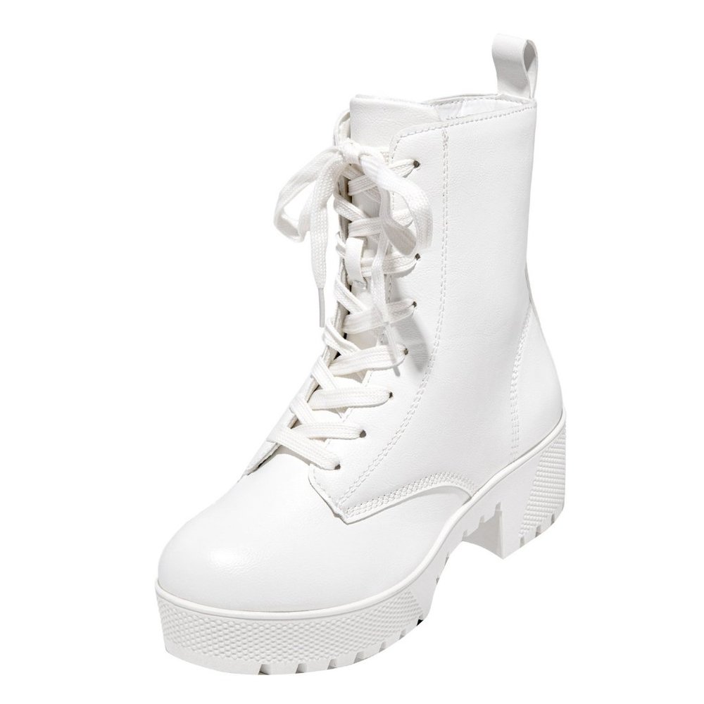 NEW🔥 White Round Toe Lace-Up Combat Boots Lug Sole Platform Block Heel w/Zipper - Picture 4 of 7